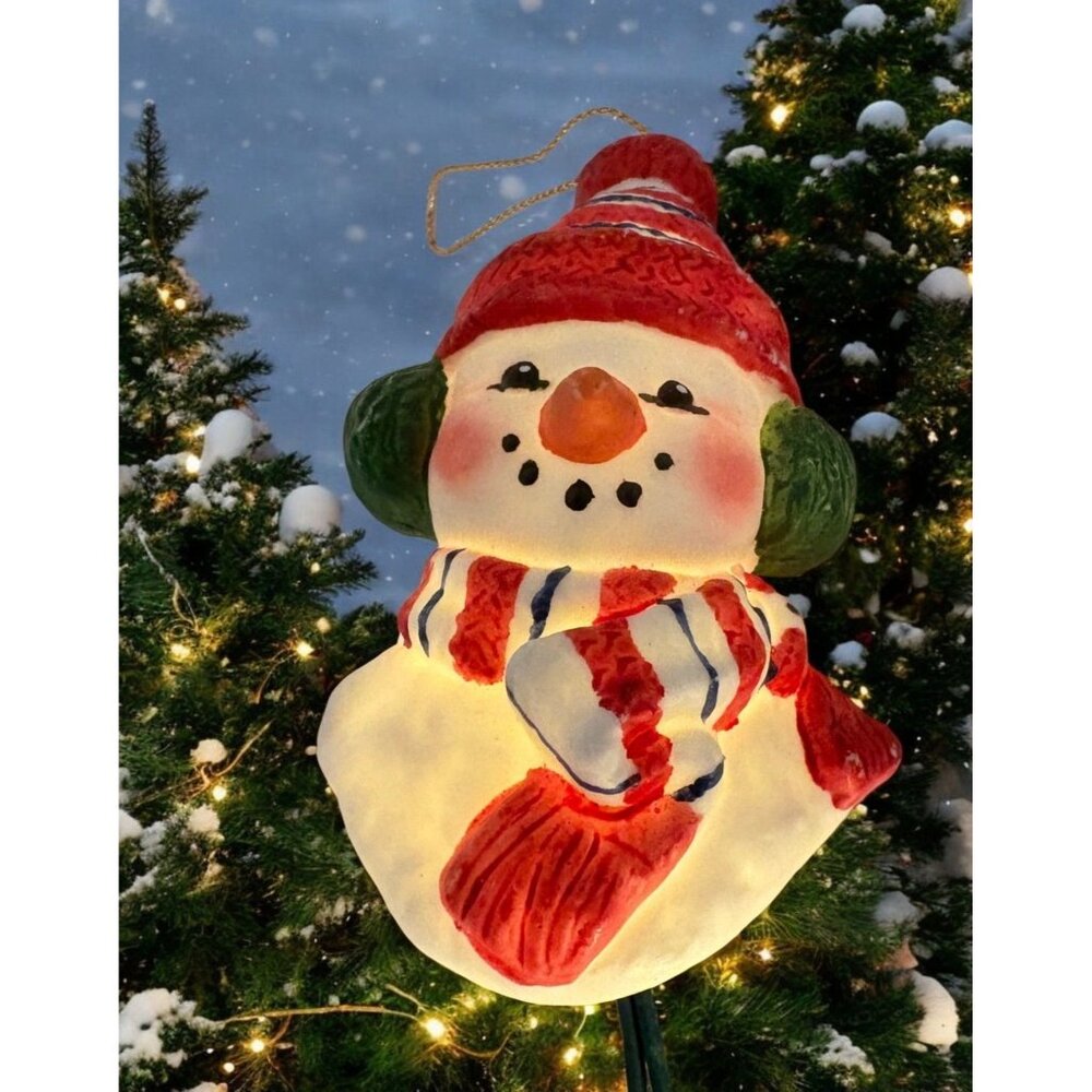 Vintage Light Up Snowman Christmas Tree Ornament Ear Muffs Scarf Ceramic